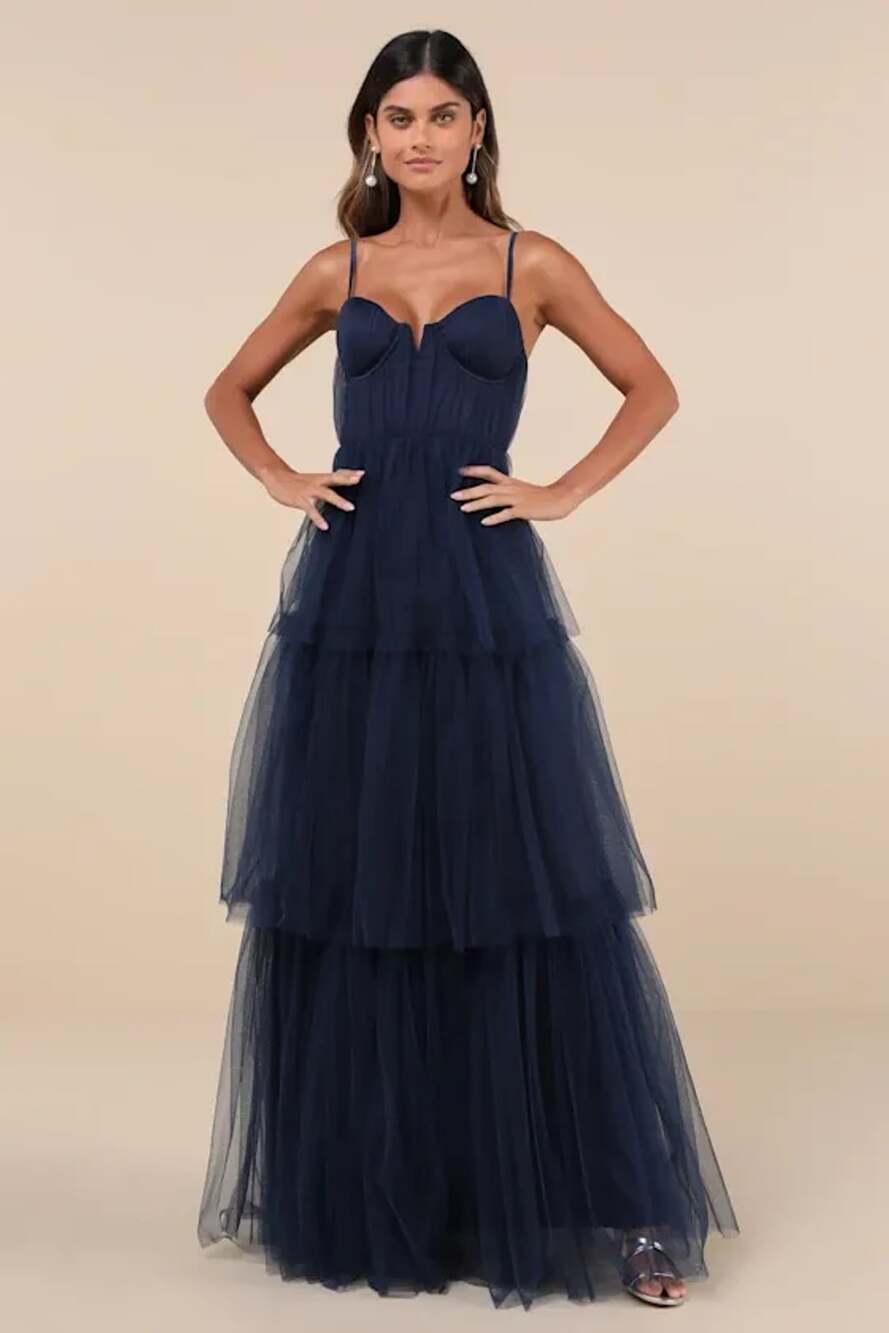 Lulu's Unforgettable Poise Navy Blue Tulle Bustier Tiered Maxi Dress XL